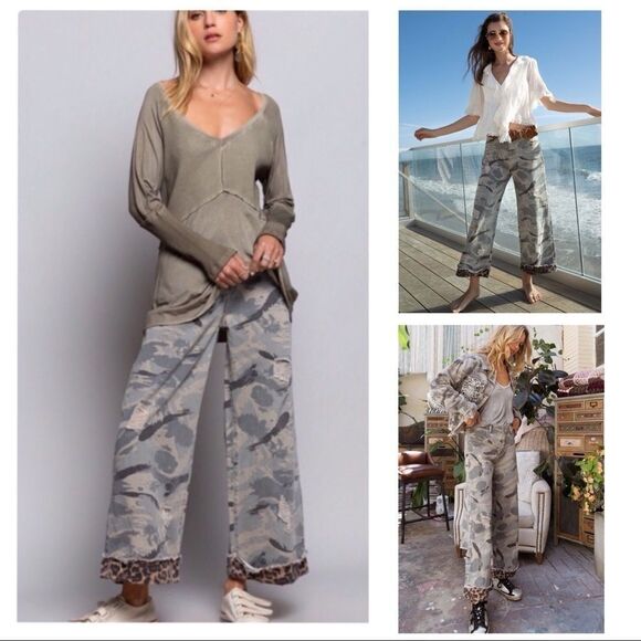 𝅺POL Grey Camo Jeans with Leopard Trim - Picture 1 of 15